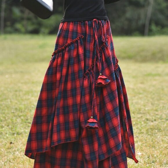 Red Casual Women's Plaid Asymmetric Hem 3d Floral Decor Skirt - Picture 5 of 5